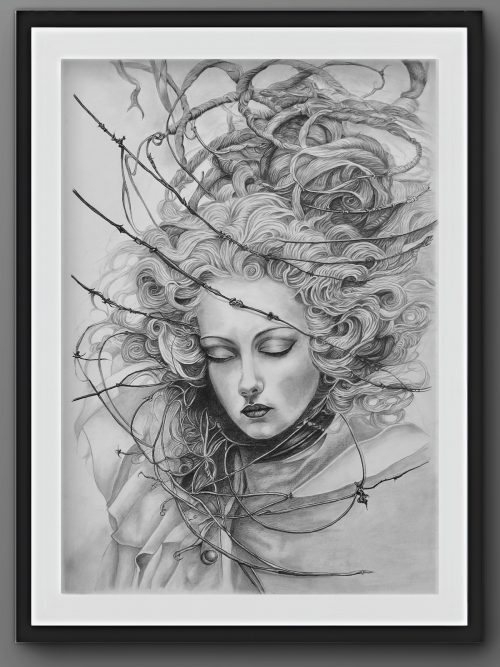 Silent Requiem Pencil on Paper, Dark Surrealism, Gothic Renaissance, Bound Angels Series, original artwork for sale