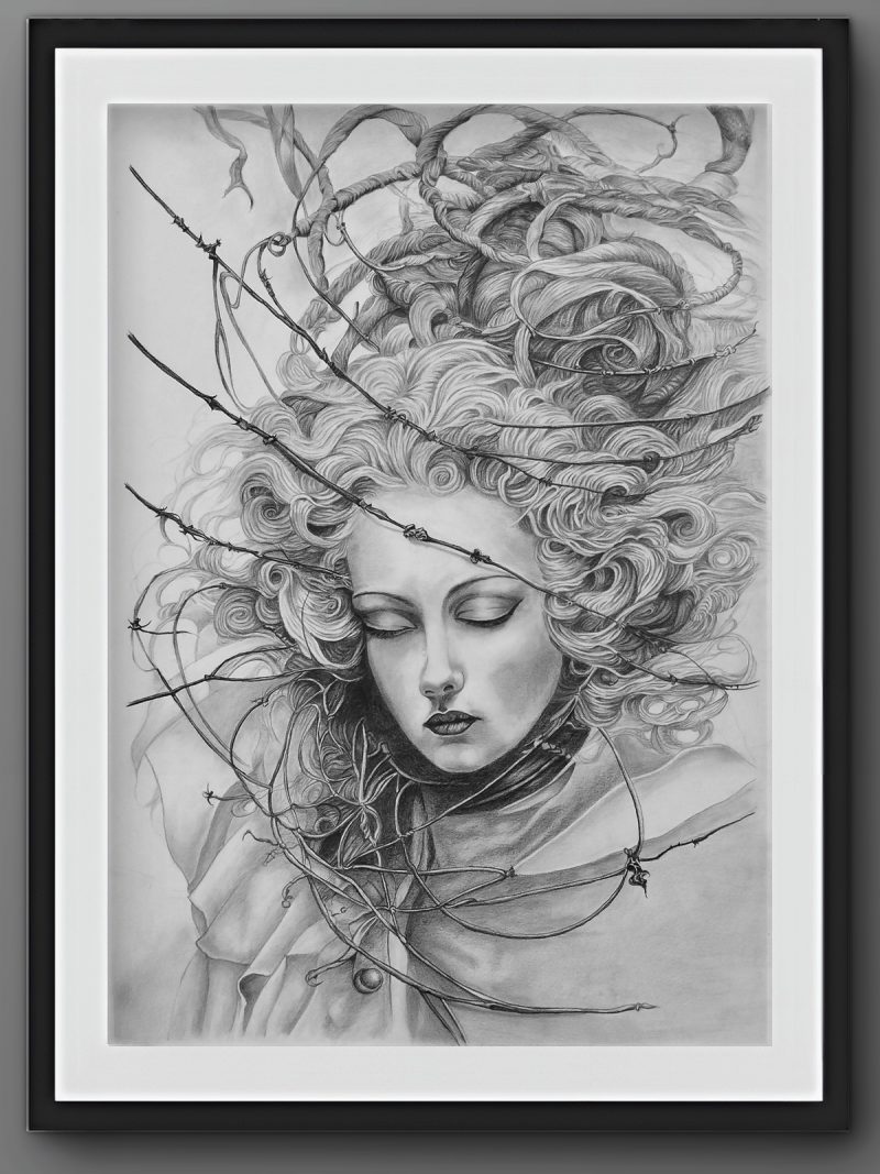Silent Requiem Pencil on Paper, Dark Surrealism, Gothic Renaissance, Bound Angels Series, original artwork for sale