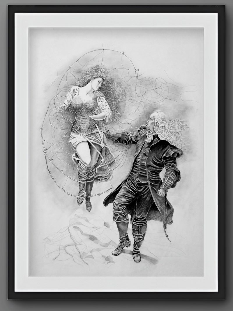 Pencil on Paper, Dark Surrealism, Gothic Renaissance, Bound Angels Series, original artwork for sale