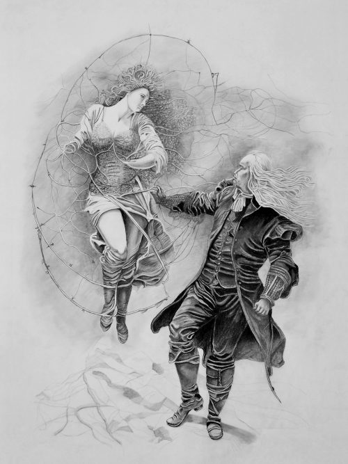 Pencil on Paper, Dark Surrealism, Gothic Renaissance, Bound Angels Series, original artwork