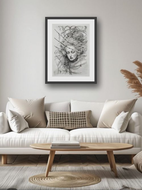 Silent Requiem Pencil on Paper, Dark Surrealism, Gothic Renaissance, Bound Angels Series, original artwork lifestyle