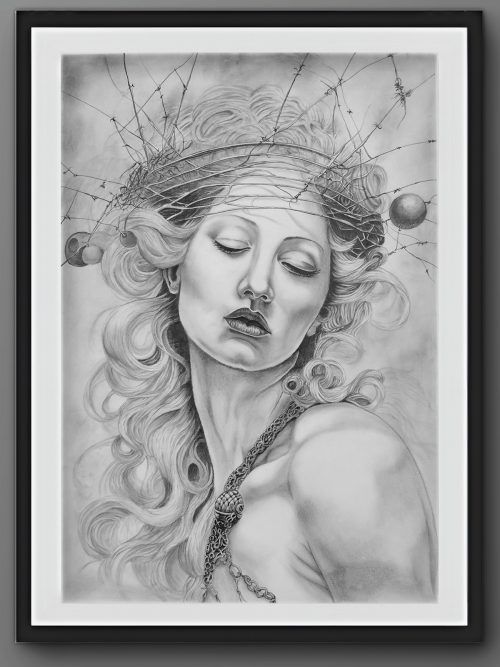The Sovereign Captive Pencil on Paper, Dark Surrealism, Gothic Renaissance, Bound Angels Series, original artwork for sale