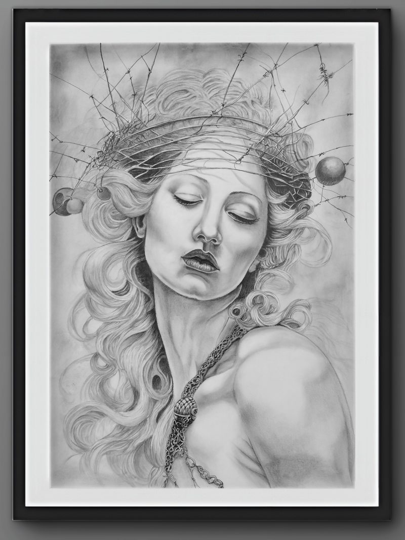 The Sovereign Captive Pencil on Paper, Dark Surrealism, Gothic Renaissance, Bound Angels Series, original artwork for sale