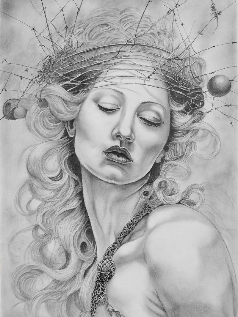 The Sovereign Captive Pencil on Paper, Dark Surrealism, Gothic Renaissance, Bound Angels Series, original artwork